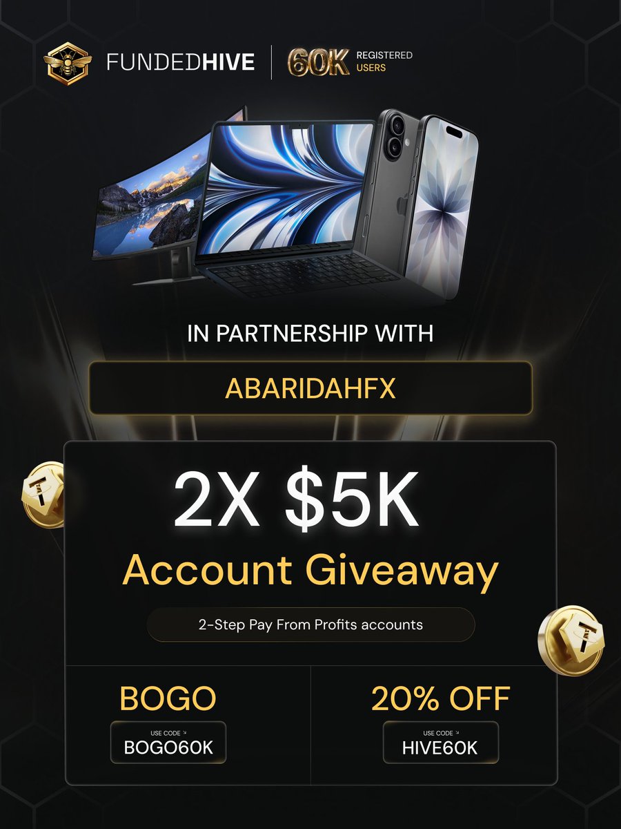 Abaridah1's tweet photo. 🎉 $10,000 FUNDEDHIVE GIVEAWAY 🎉

In partnership with @ABARIDAHFX, we're giving away 2× $5,000 FundedHive Accounts! 🚀
How to Enter: ✅ Follow us
@fundedHive
@abaridah1
@mecizoofx
@juniorspeedouFx

✅ Like & Repost this post
✅ Join our Discord
✅ Comment "DONE" below

🌐 Website: https://t.co/HOfw7XwNI0
💬 Discord: https://t.co/8VhMgcvSiD

🎁 Bonus:
🔥 BOGO Offer — Use code: BOGO60K
🔥 20% OFF — Use code: HIVE60K

Two lucky winners will be announce from 1 - 5 days

#Giveaway #Forex #PropFirm #Trading #FundedTrader #FundedHive #TradingCommunity #ForexTrader #XGiveaway #ABARIDAHFX
