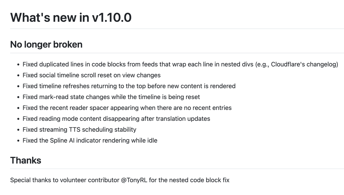 folo_is's tweet photo. TGIFolo 💫 desktop 𝐯𝟏.𝟏𝟎.𝟎 and mobile 𝐯𝟎.𝟓.𝟓 are rolling out!

Highlights:
📖 Safer mark-read during scroll resets
🧩 Fixed duplicated code-block lines
🎧 Smoother desktop reading and TTS edge cases

👇 Full detail below https://t.co/mUAz2lnwCG