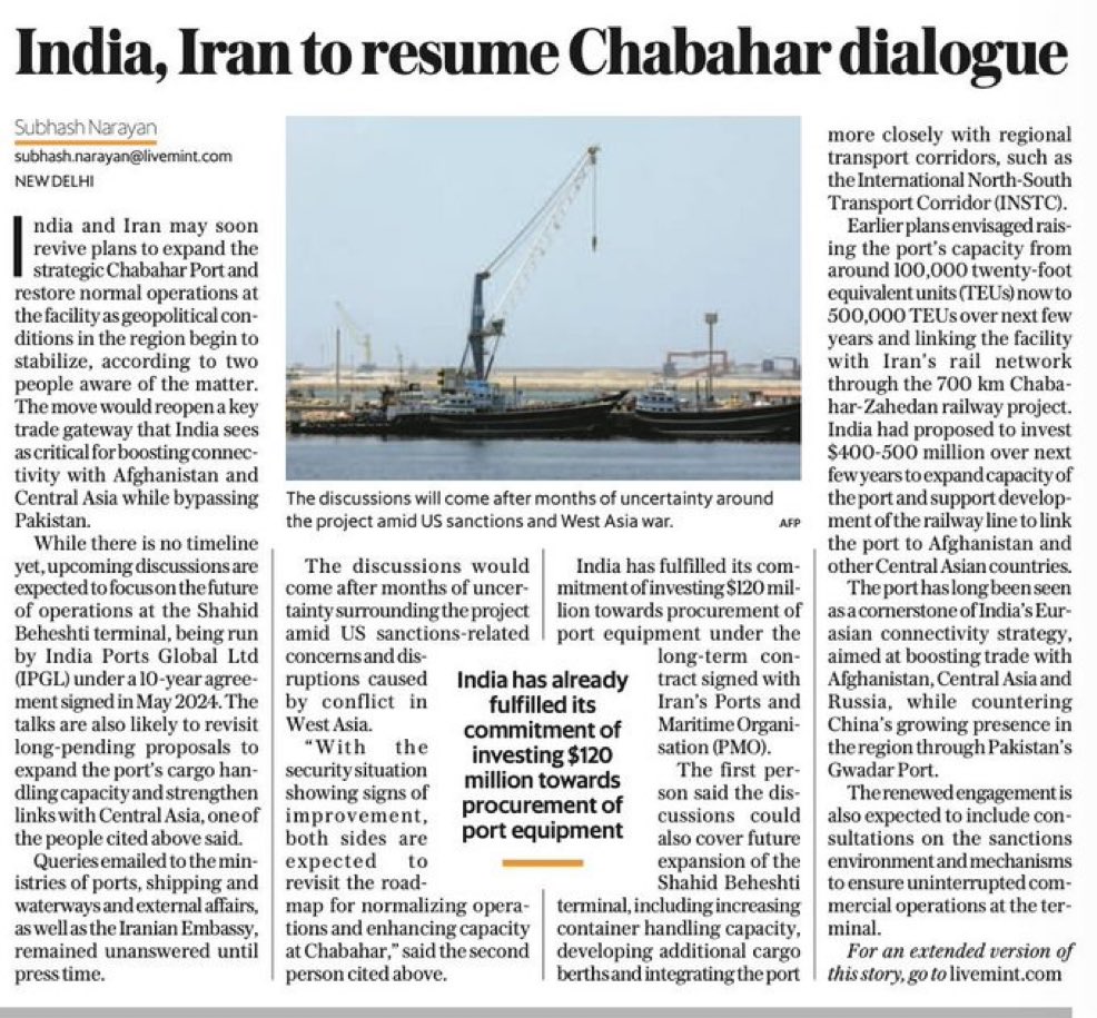 TheNavroopSingh's tweet photo. Chabahar Port back on table https://t.co/ftSrPzTvJI