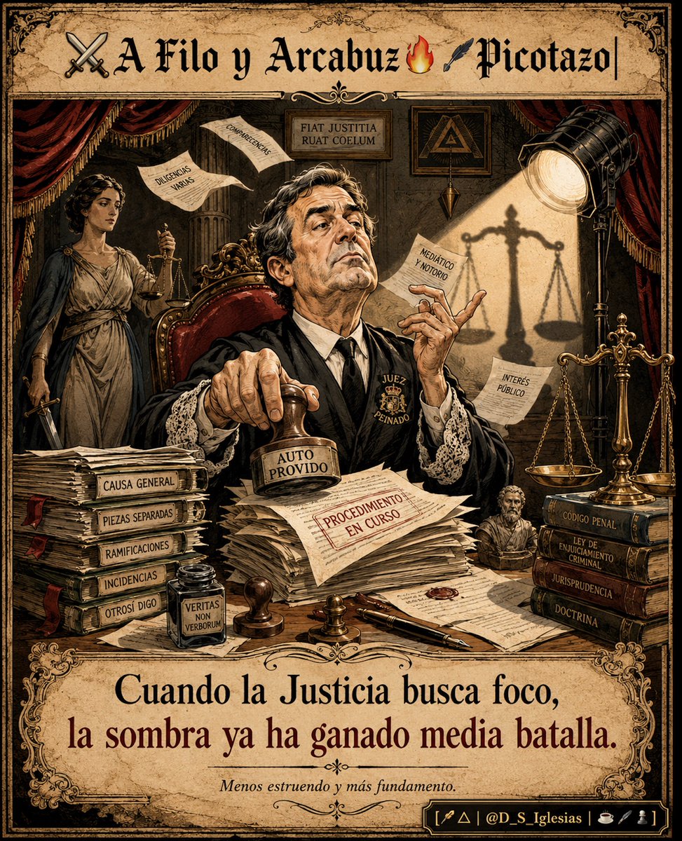 D_S_Iglesias's tweet photo. ⚔️A Filo y Arcabuz🔥 
🪶Picotazo|👁️

Hay jueces que administran silencio. Y hay instrucciones que parecen pedir un tambor antes de cada folio.

Conviene decirlo con respeto, porque el respeto no es miedo: es método. Nadie sensato discute que un juez pueda investigar. Esa es su función, su carga y su servidumbre. Lo que sí puede discutirse, y debe discutirse, es la forma en que una causa se convierte en ceremonia pública, en relato de desgaste, en procesión de titulares donde cada auto parece escrito con un ojo puesto en el expediente y otro en la grada donde el peluquero peina con raya a la derecha.

El juez Peinado precisamente no necesita enemigos si sus propias resoluciones producen más ruido que claridad y donde está dejando abandonadas todas las causas. Ahí está el punto. No en insultarle. Ni en convertirlo en caricatura. No en regalarle una querella con lazo rojo. La crítica inteligente no se lanza contra la persona, sino contra el fenómeno: una Justicia que, cuando se exhibe demasiado, empieza a parecer menos Justicia y más escenografía.

La toga, como la plomada, sirve para medir rectitud. Pero cuando la plomada se agita como péndulo de tertulia, algo falla en el edificio. Y no hace falta gritar grandes palabras. Basta observar la secuencia: medidas cautelares severas, retirada de pasaporte, prohibición de salir del país, comparecencias periódicas, acusaciones populares empujando el procedimiento, defensas denunciando indefensión, una Audiencia que ya ha corregido pasos anteriores por falta de motivación suficiente. Todo eso no es una opinión: es el paisaje de quien no tiene nada que hacer ante la vida.

Y en ese paisaje hay una pregunta legítima, civil, democrática, casi doméstica: ¿esto busca esclarecer hechos o producir atmósfera indicando que solo la derecha puede tener un presidente del Gobierno? Aviso a navegantes para que naufraguen si son de izquierdas.

Porque el Estado de derecho no se sostiene solo con leyes. Se sostiene con apariencia de imparcialidad, con proporción, con sobriedad, con esa virtud antigua que los romanos llamaban gravitas y que hoy escasea más que el pudor en un plató de sobremesa diciendo que todo es mentira mientras cuentan mentiras. Un juez no debe parecer actor secundario de una crisis política ni de una inquisición genovesa. Debe ser, precisamente, el hombre que impide que la crisis política contamine el procedimiento y haga que la sociedad piense que no hay justicia ni lealtad a la ley, que todo es lawfare y mucha obsesión bajo fenómenos de psicopatología. Es más, pronto hablaré al respecto de la regulación de la acetilcolina. 

Pero vuelvo al estrado, sin necesidad de poner una tarima, que mi altura es democrática y sin complejos de soberbia.

Cuando una instrucción avanza envuelta en polémica constante, la institución pierde algo aunque nadie sea condenado. Pierde confianza, incluso entre la policía al ser señalados con alevosía y poniendo el foco en llamarles presuntos posibles cómplices de delitos imaginarios. Pierde autoridad. Pierde ese aroma frío y limpio de las cosas bien hechas y las grapas de los expedientes bien puestas. La Justicia no puede depender de que a unos les caiga bien el investigado y a otros les excite la persecución como la comida en el perro de Pavlov. La Justicia tiene que poder explicarse sola, sin escoltas mediáticos, sin metáforas decimonónicas, sin fraseología de folletín y sin togas que llevan sin lavarse desde el 20 de noviembre de 1975.

Y aquí está el centro del asunto: cuanto más alto es el perfil político del caso, más baja debe ser la temperatura del juez. Más seco el lenguaje. Más precisa la motivación. Más quirúrgica la cautelar. Más resistente el razonamiento. Porque cualquier exceso, cualquier teatralidad, cualquier sombra de improvisación, deja de ser un detalle técnico y se convierte en munición para la sospecha. Y además, como todos ustedes saben, aquí no hay nada, solo persecución a un particular por ser pareja de la presidencia. ¡Pardiez! Me ha poseído el espíritu de Ayuso. ¡Te ordeno que abandones este cuerpo del escriba!

Me recompongo de tan semejante endemoniada y prosigo con mi diatriba.

No se trata de proteger a nadie por apellido, cargo o matrimonio. Se trata de proteger algo mucho más delicado: la credibilidad del sistema. Si alguien ha cometido un delito, que se pruebe. Si no lo ha cometido, que no se le fabrique un viacrucis procesal para que parezca culpable antes de sentarse. Y si la instrucción es sólida, que hable la solidez. Lo demás sobra.

La España seria, si aún queda en alguna esquina con café, periódico y vergüenza, no pide impunidad. Pide garantías. No pide privilegios. Pide Derecho. No pide jueces dóciles. Pide jueces sobrios, reales y a un CGPJ que proteja al ciudadano de las manías persecutorias cual matón en patio de colegio. Hay una diferencia enorme entre investigar con firmeza y convertir la firmeza en espectáculo. La primera fortalece la democracia. La segunda la convierte en mercado de abastos, con cada cual vendiendo su verdura ideológica a gritos e incluso llegando a pensar que Peinado es un muñeco de un ventrílocuo.

Por eso el picotazo de hoy debe ir donde duele sin cruzar la línea: recuerden que la Justicia no aumenta su fuerza cuando sube el volumen. La aumenta cuando baja el ego, afina el fundamento y deja que los autos pesen más que los titulares y la verdad no persiga a los inocentes cual Herodes (ocurrencia para otro picotazo).

Hay jueces que pasan por la Historia porque dictaron resoluciones memorables contra el narcotráfico y el terrorismo. Otros porque dejaron demasiadas dudas alrededor de su manera de dictarlas. La diferencia no está en la fama. Está en el rigor y la consecución de una vida digna, loable y en pacífica armonía entre sociedad civil y poderes.

Y el rigor, como el compás, no necesita aplauso.

Necesita pulso.

Necesita límite.

Necesita saber que una democracia no se defiende convirtiendo el juzgado en escenario con tarima elevada para sentirse alguien más importante, cuando no es más que servidor que recibe su nómina del trabajo de los ciudadanos y ciudadanas de este gran país..

Así que conviene no morder el anzuelo cuando es la piraña la que echa la caña. Solo una verdad antigua, puesta sobre la mesa como quien deja una espada envainada: cuando la Justicia busca foco, la sombra ya ha ganado media batalla.

La otra media se gana cuando el ciudadano, cansado de banderías, acepta que cualquier exceso vale si castiga al adversario. Ahí empieza la ruina para luego justificar sus acosos en el ámbito cotidiano de la calle, vecindades y entornos laborales. Puerta peligrosa para quien deja las llaves. Hoy aplauden unos; mañana llorarán los mismos cuando el mecanismo cambie de dirección. Por eso la regla debe ser una sola para todos: hechos claros, motivación clara, cautelas proporcionadas, silencio institucional. Todo lo demás es pólvora húmeda, incienso barato y política disfrazada de expediente con manchas de tocino de baja calidad procedentes de granjas porcinas como cebaderos del odio.

Y en tiempos de barro, la verdadera valentía consiste en no chapotear: medir, escribir, señalar y dejar que la plomada haga su trabajo. Sin aspavientos. Sin miedo. Sin regalar munición. Porque los hombres y mujeres no tenemos miedo, tenemos DIGNIDAD.

Salud, fuerza y rectitud. 
Sello del Escriba. ⚖️△

[✒︎△ | @D_S_Iglesias | ☕️🖋️♟️]