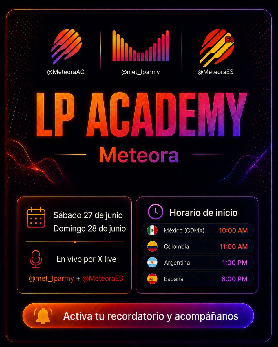 MeteoraES's tweet photo. El LP Academy llega en ESPAÑOL!!

Únete este 27 y 28 de junio en @met_lparmy y @MeteoraES para aprender cómo funcionan los LPs
🇲🇽CDMX: 10:00 AM 
🇦🇷Argentina: 1:00 PM 
🇪🇸España: 6:00 PM  

27 y 28 de junio  Activa tu recordatorio, comparte con tu comunidad y acompáñanos EN VIVO https://t.co/PUaheeMpGD