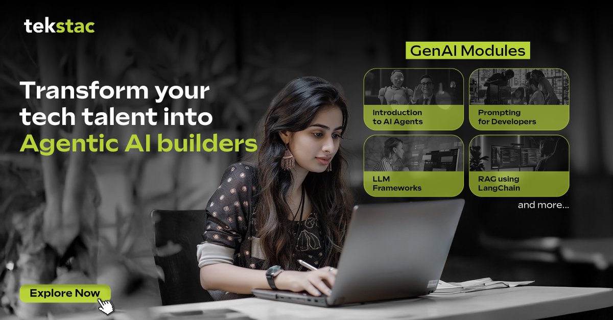 Tekstac_hq's tweet photo. #AI users will be everywhere.
AI builders will be in demand.
Equip your teams with hands-on GenAI skills in AI Agents, Prompt Engineering, RAG, LangChain, and more.
Transform tech talent into Agentic AI builders with Tekstac.
#AgenticAI #AIUpskilling #FutureReadyWorkforce https://t.co/ep7uj1W1IU