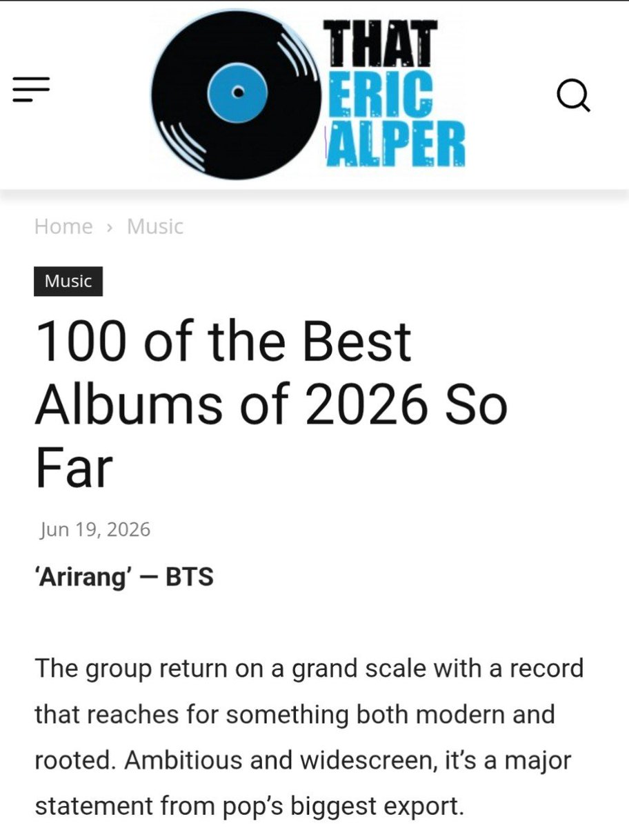 btsbase07's tweet photo. Canadian music critic Eric Alper has recognized "Arirang" as one of the year's 100 best albums released so far in 2026.

https://t.co/MVajT1jpTS https://t.co/0Px4E8h9av