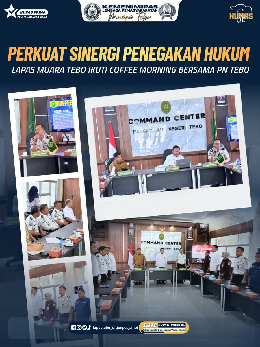 lapas_tebo's tweet photo. Perkuat Sinergi Penegakan Hukum dan Transformasi Digital Peradilan, Lapas Muara Tebo Ikuti Coffee Morning Bersama PN Tebo
Selengkapnya di: https://t.co/RvAb8r5oMh
#KemenimipasRI
 #Guardandguide
 #Infoimipas
 #DitjenPas
 #SetahunBerdampak
 #ImipasSetahunBergerakBerdampak https://t.co/rYURjD4riH