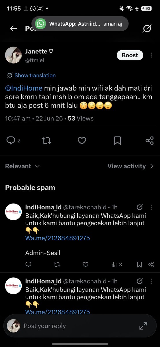 ftmiel's tweet photo. Ini yg bales kalian ga sih? @IndiHome @IndiHomeCare https://t.co/bKqI4v2Ptk
