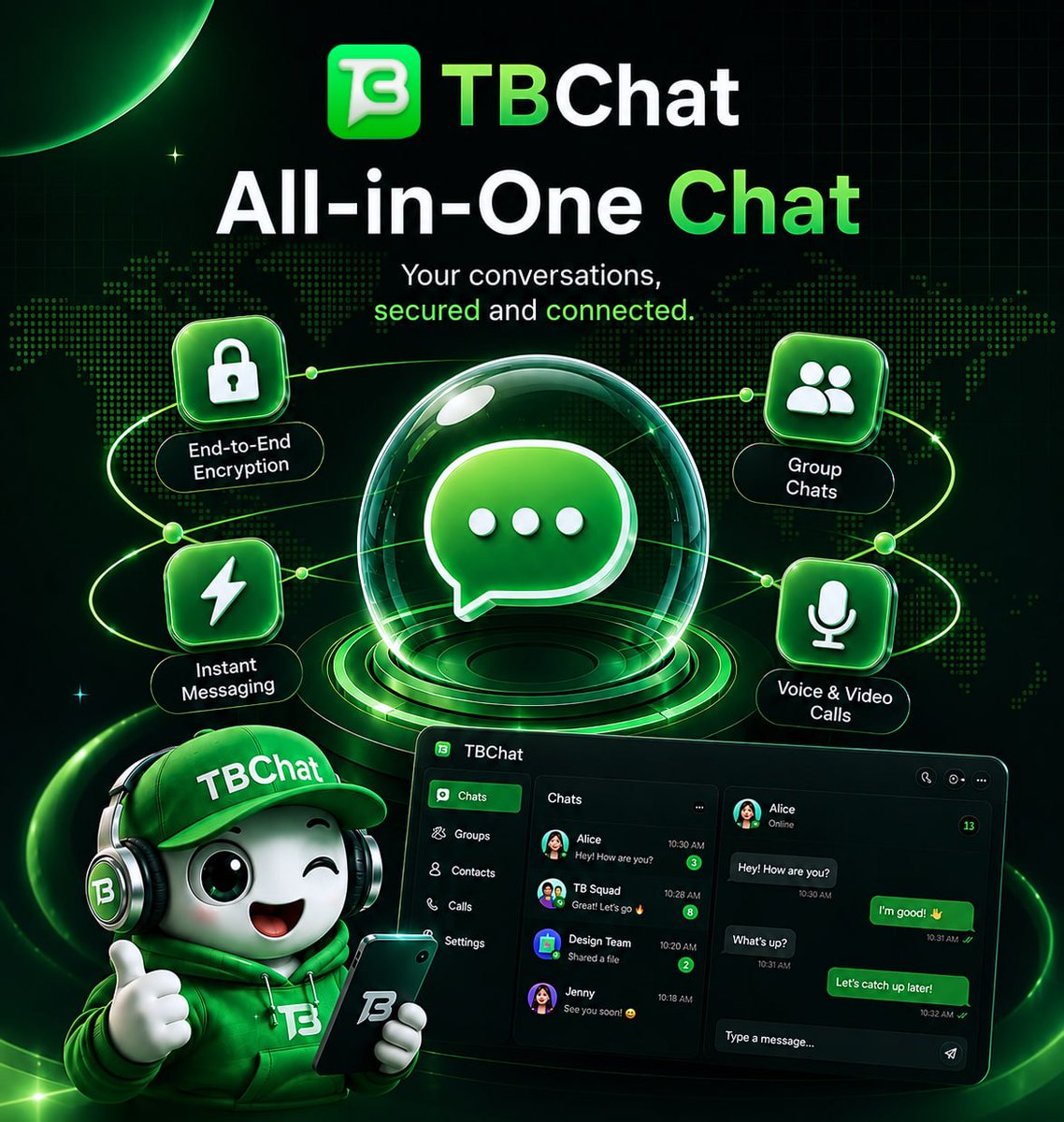 TBChatOfficial's tweet photo. Everything You Need to Connect

Modern communication should be secure, simple, and always within reach

TBChat brings messaging, communities and calls together in a single platform designed for the next generation of digital users

Key features:

✦ End-to-End Encryption: Your conversations stay private and protected
✦ Instant Messaging: Send messages instantly with a smooth and responsive experience
✦ Group Chats: Build communities, collaborate with teams, and stay connected with friends
✦ Voice & Video Calls: Communicate clearly through reliable voice and video calling

It's a secure communication hub built to help people connect, share and grow together
