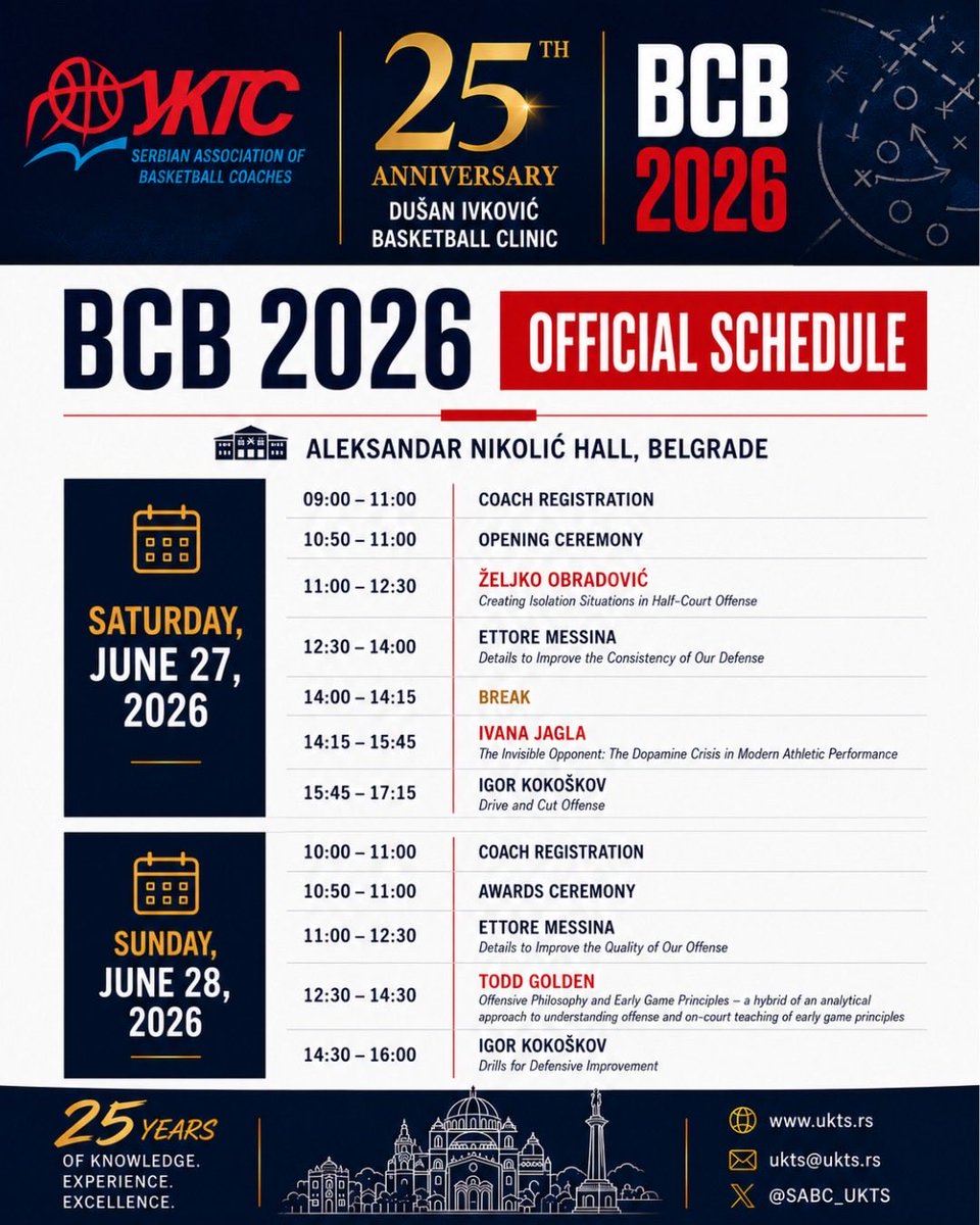 SABC_UKTS's tweet photo. Dear coaches,
On the occasion of 25 years of the clinic, we are announcing the program for June 27–28. The opening will take place on June 27 at 11:00 AM at the Aleksandar Nikolić Hall, opened by Željko Obradović.
We look forward to welcoming you — let’s learn and grow together🏀 https://t.co/5z1IqkfyxC