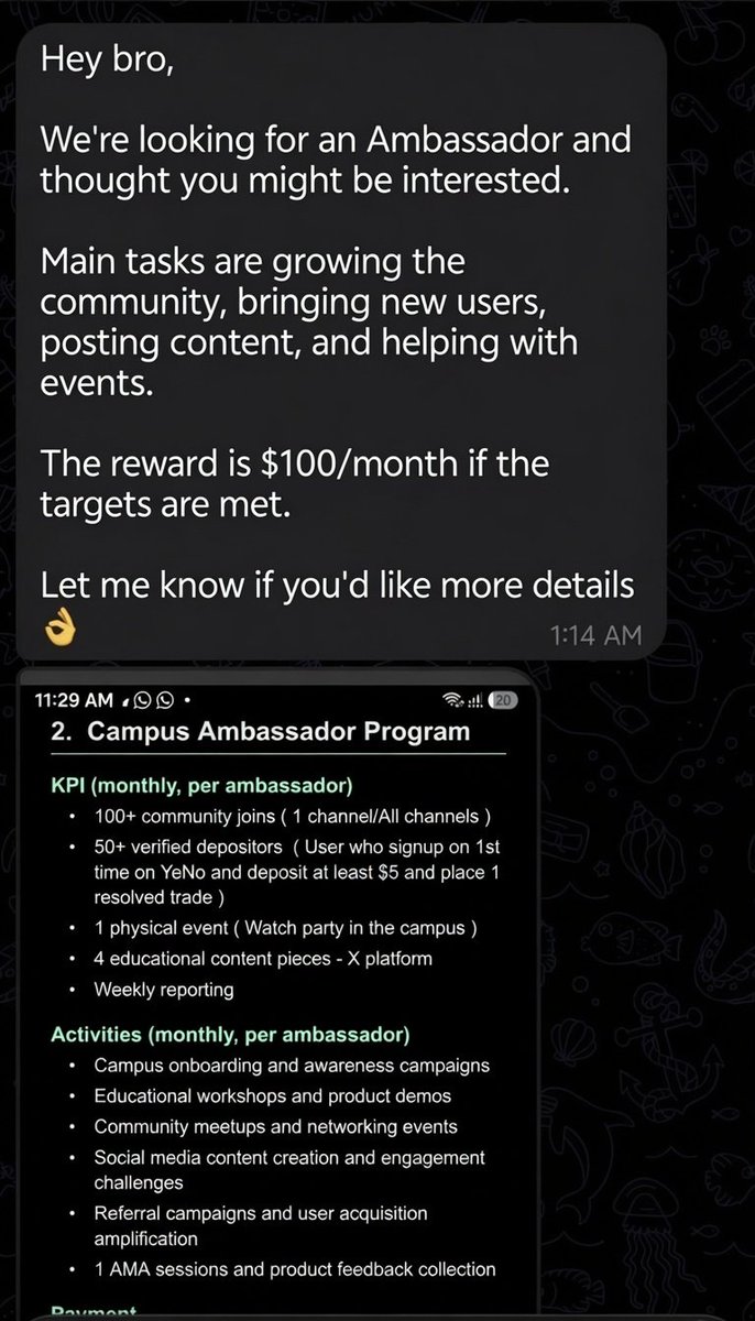 Siyamsayem1060's tweet photo. got an Ambassador offer last night.

Need 100+ joins, 50+ deposit users, one event, content posts, and weekly reports.

Pay is $100/month.

Fair deal or too much work for the pay? https://t.co/M0hbmGsiMV