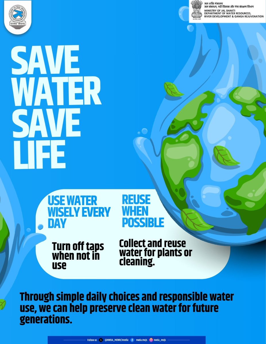 NWDA_MOWR's tweet photo. Save Water, Save Life.

Small actions make a big difference. Use water wisely, reuse whenever possible, and help protect our planet for future generations.

#SaveWater #EveryDropCounts #WaterConservation #SaveWaterSaveLife #JalSavera https://t.co/vhNlwKk7ng