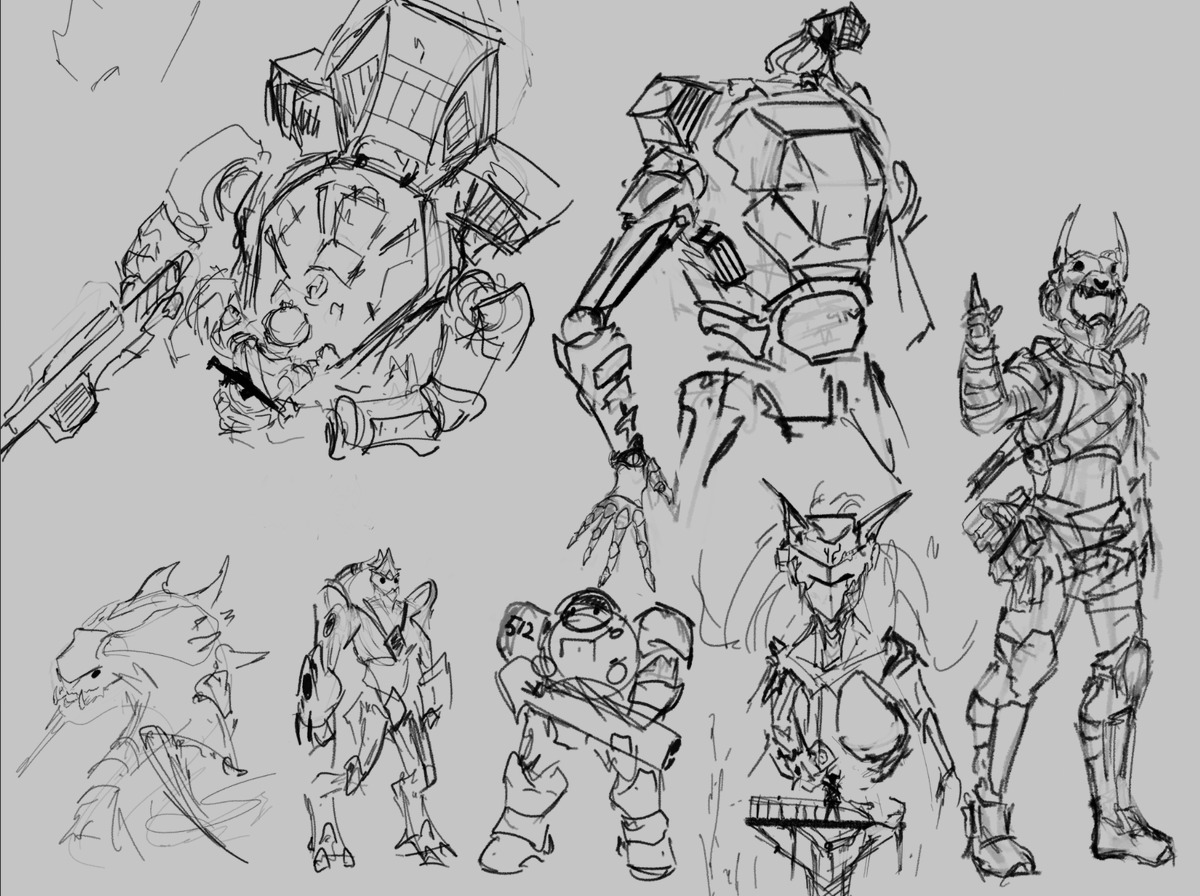 _wkuno's tweet photo. Sketch drop featuring studies, military gear and mechs ... and maybe some silly starcraft doodles https://t.co/flG7zRDNm8