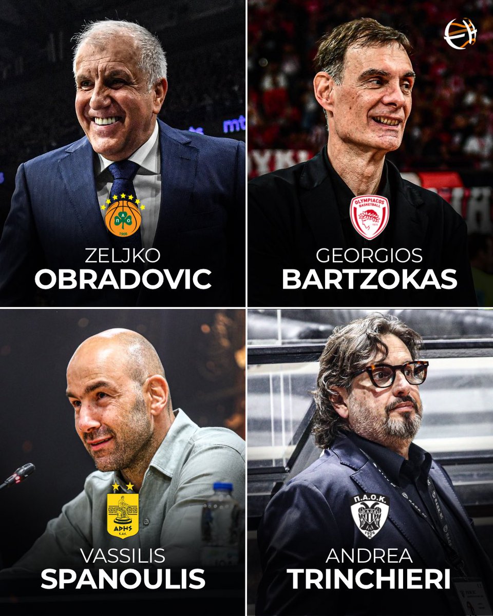 Eurohoopsnet's tweet photo. 🥵 The Greek league will be STACKED with basketball masterminds next season 🇬🇷

🇷🇸 Zeljko Obradovic - Panathinaikos 🍀
🇬🇷 Georgios Bartzokas - Olympiacos 🔴⚪️
🇬🇷 Vassilis Spanoulis - Aris 🟡⚫️
🇮🇹 Andrea Trinchieri - PAOK ⚫️⚪️ https://t.co/B3BtdbEW54