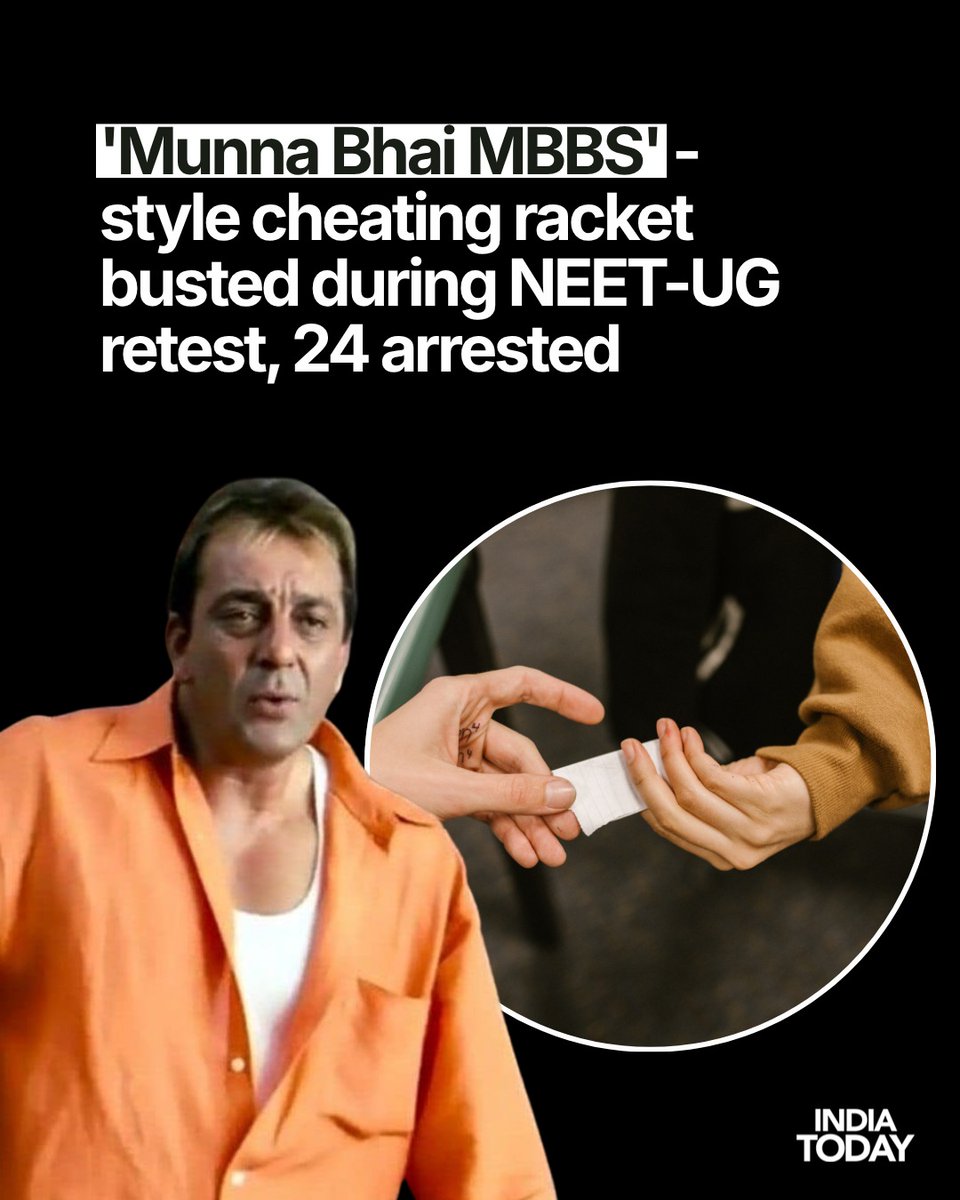 IndiaToday's tweet photo. A “Munna Bhai MBBS”-style cheating racket has been busted in Bihar’s Lakhisarai during the NEET-UG retest, with police alleging that a gang arranged “solvers” to sit for candidates and take the medical entrance exam on their behalf.

The crackdown has led to the arrest of 24 people, including medical students and biometric company employees involved in the examination process.

Read More: https://t.co/YwjJXRV2Gs
#NEETUG #NEETRetest #NEETScam #NEETCheating #ExamFraud #BiharNews @ShashiReporter