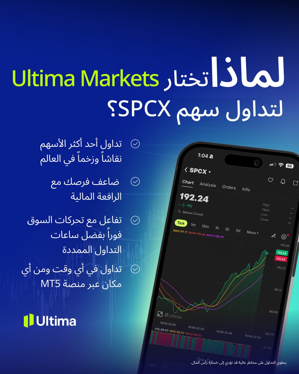 UltimaMarketsAr's tweet photo. الأسهم الأمريكية الرسمية لشركة SPCX متوفرة الآن على منصة Ultima Markets.
✅ رافعة مالية تصل إلى 5 أضعاف
✅ ساعات تداول ممددة
✅ متاح بالكامل عبر منصة MT5
ابدأ في استكشاف آفاق وفرص جديدة اليوم 🔗 https://t.co/sfBiBMKcsy
#SPCX #USStocks #StockTrading #TradingOpportunity https://t.co/3PHu9UAFUn