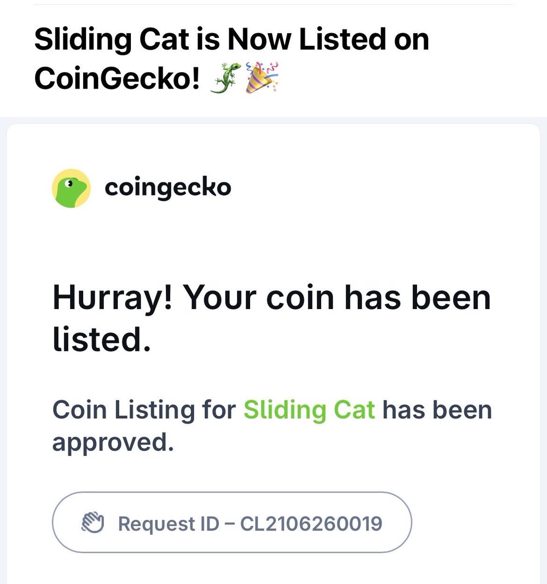 zoycc60621's tweet photo. 🦎🎉 $Slidingcat is now officially listed on @coingecko .

From 160M+ organic views and becoming the most liked animal post on X…

More listings are on the way, the cat keeps sliding. 🐈💨 https://t.co/ocFyMJ6qRx