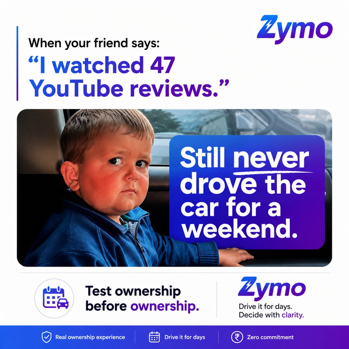 Zymoapp's tweet photo. You can watch 47 YouTube reviews.

You can read 200 comments.

You can compare every spec sheet on the internet.

And still not know whether a car is right for you.

Because cars aren't experienced on YouTube.
They're experienced on roads.

Drive the car for a weekend.
Take it through traffic.
Park it in your building.
Take your family along.
Live with it before you buy it.

Test ownership before ownership.

#Zymo #CarBuying #TestDrive #CarReviews #NewCar #CarShopping #OwnershipExperience #CarsOfIndia
