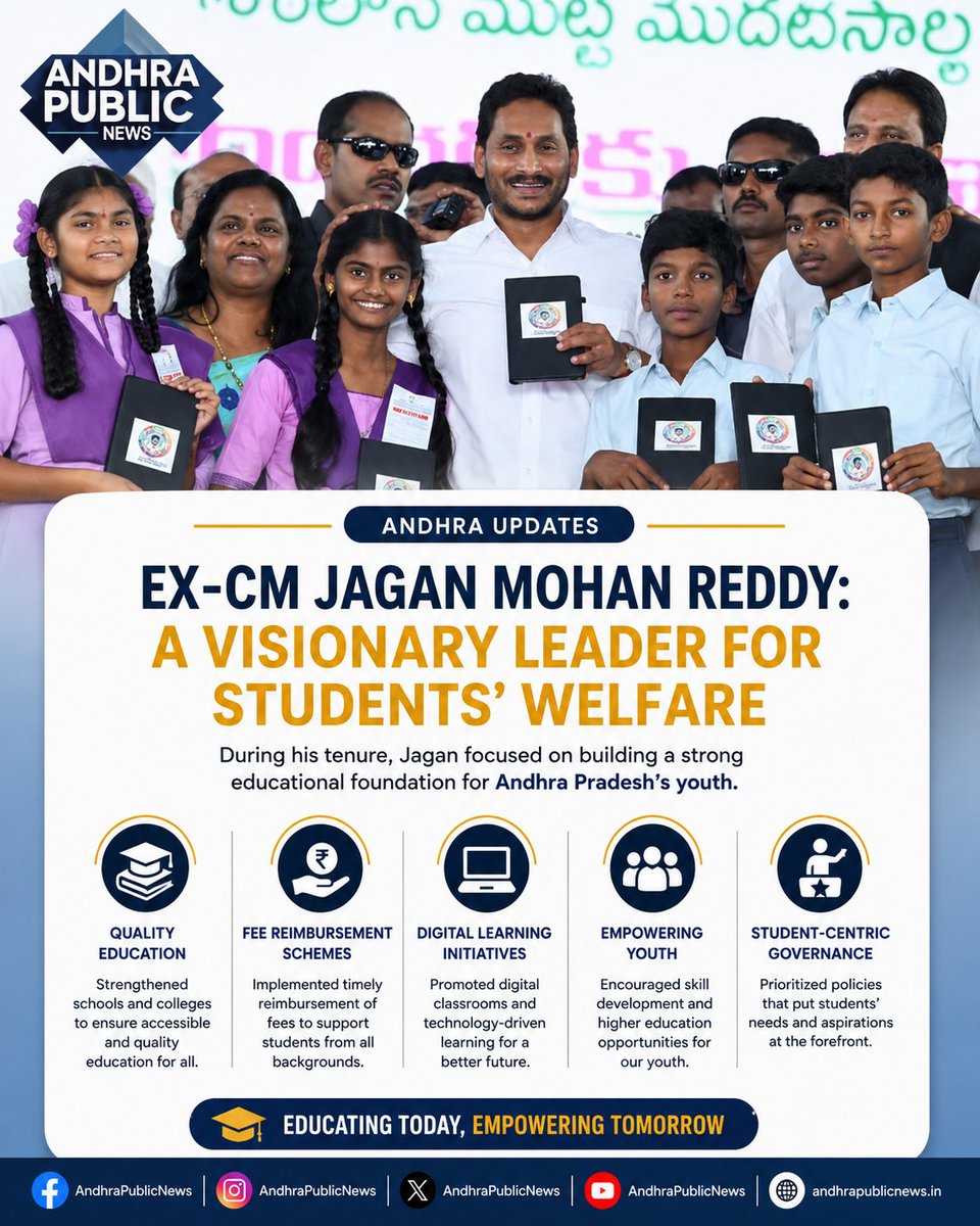 BihariSabPe's tweet photo. Education is the foundation of a stronger Andhra Pradesh.

From Amma Vodi to Nadu-Nedu school reforms, Y.S. Jagan Mohan Reddy's focus on student welfare aimed to expand access to quality education and opportunity.

#YSJagan #StudentWelfare #AndhraPradesh #Education #YSRCP https://t.co/KKJW4AyvJ6