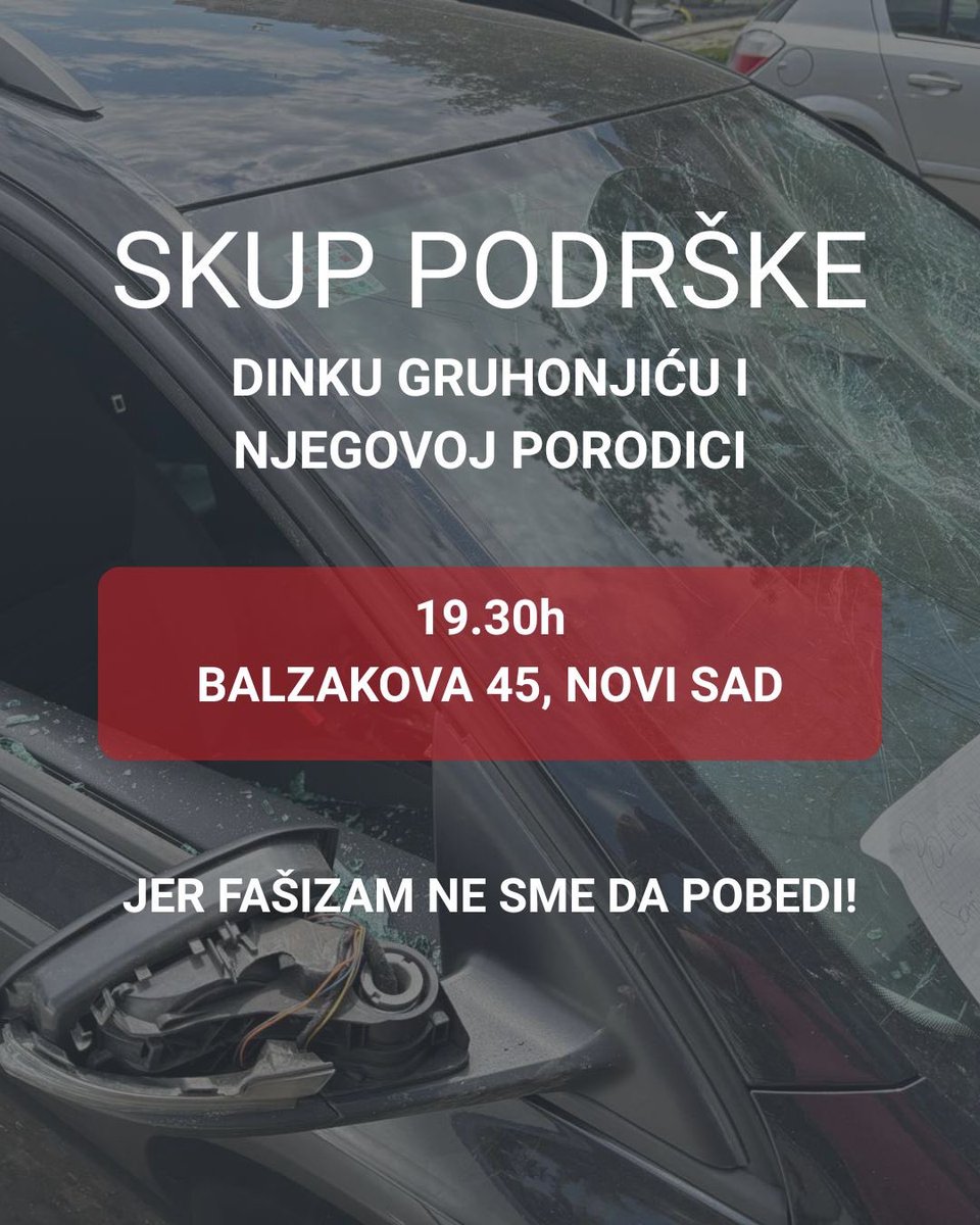 autonomijandnv's tweet photo. Večeras u 19.30, Balzakova 45, Novi Sad.

Skup podrške Dinku Gruhonjiću i njegovoj porodici.

Jer fašizam ne sme da pobedi.

Organizatori: NDNV, Građanska Vojvodina i Akademija za razvoj demokratije. https://t.co/DashCT82w8