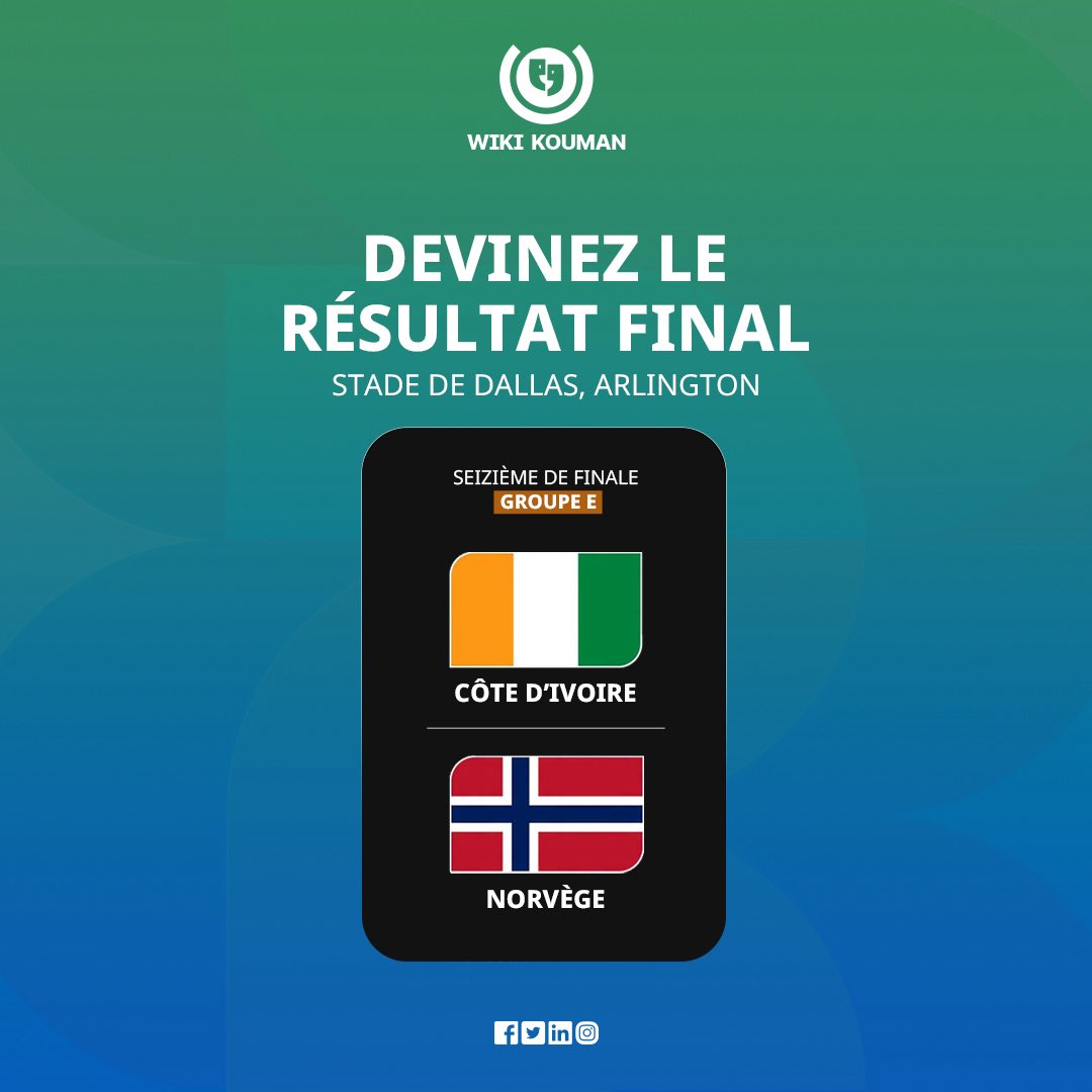 WikiKouman's tweet photo. Seizième de finale de la Coupe du monde 🌍 🏆

Quel est ton pronostic pour ce match de Côte d’Ivoire 🇨🇮 vs Norvège 🇳🇴 ? 

Mode jeune sec activé ! 

#wiki #civ #football #FIFA2026 #WorldCup2026 #wikikouman https://t.co/NgVrO8mE2l