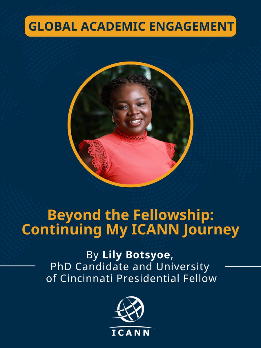 ICANN's tweet photo. 💬 "Build relationships early, ask questions, and do not wait until you feel like an expert before speaking up. Your perspective matters, and the multistakeholder model is stronger because of the voices that continue to join and shape it."

For Lily Edinam Botsyoe, what began as curiosity about Internet governance evolved into active contributions across research, policy, and community engagement at #ICANN. Her journey demonstrates how mentorship, learning, and participation can empower students and academics to help shape conversations about the future of the global Internet.

👉 Read her full story and see how ICANN's academic engagement initiatives can open pathways for you to participate and make an impact >> https://t.co/d6kS4RpU8c

#AcademicEngagement #InternetGovernance