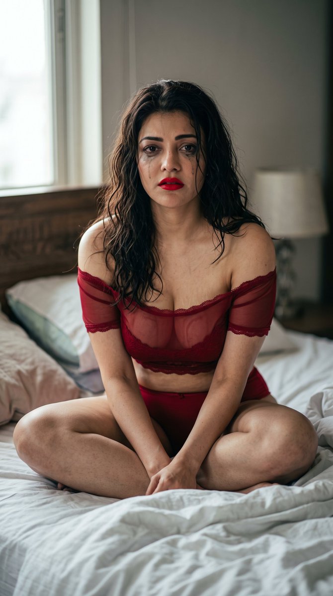 PromptExplore's tweet photo. Crying in red because even my pain looks expensive. ❤️ 

#Aiart Its Not Real Actress 

{
  "prompt": {
    "subject": {
      "identity": "Tamannaah Bhatia",
      "expression": "heartbroken, emotional, looking directly into the camera with tears streaming down her cheeks",
      "hair": "long black slightly wet hair, naturally tousled",
      "makeup": "subtle makeup with bold red lipstick and slightly smudged eyeliner"
    },
    "outfit": {
      "style": "elegant off-shoulder deep red evening dress",
      "fabric": "soft satin",
      "appearance": "tasteful, fully covered, high-fashion editorial"
    },
    "pose": "sitting cross-legged on an unmade bed with hands gently resting together, shoulders slightly forward",
    "scene": {
      "location": "minimal modern bedroom",
      "bed": "white sheets and pillows",
      "background": "large window with sheer curtains",
      "mood": "melancholic, intimate, cinematic"
    },
    "lighting": {
      "type": "soft natural window light",
      "style": "warm, diffused morning light"
    },
    "camera": {
      "framing": "vertical portrait",
      "angle": "eye level",
      "lens": "85mm",
      "aperture": "f/1.8",
      "depth_of_field": "shallow"
    },
    "style": [
      "ultra photorealistic",
      "cinematic",
      "editorial fashion photography",
      "high detail",
      "natural skin texture",
      "8K quality"
    ]
  }
}