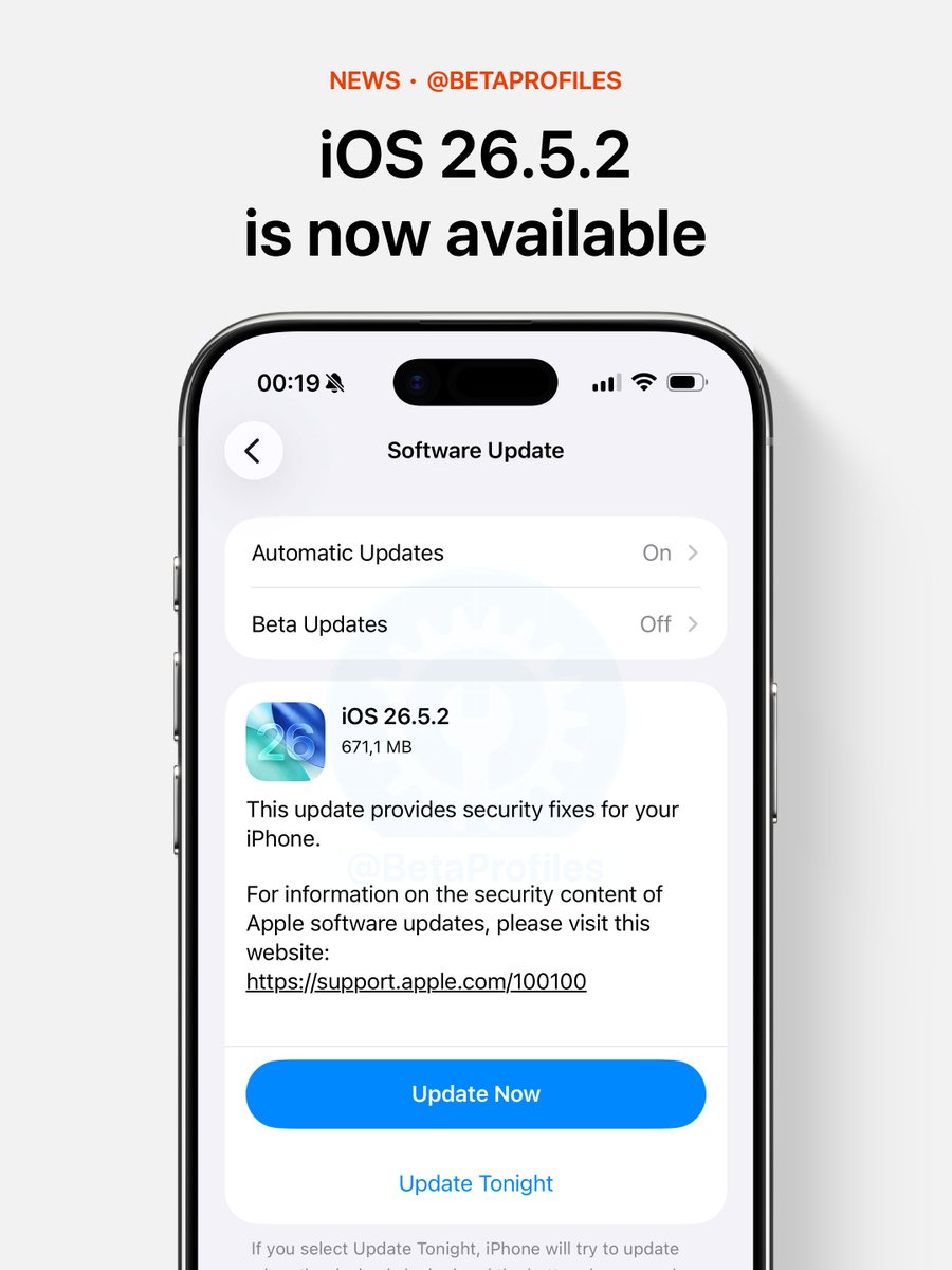 BetaProfiles's tweet photo. Apple has released iOS 26.5.2 🔥 https://t.co/aWguBs12LX