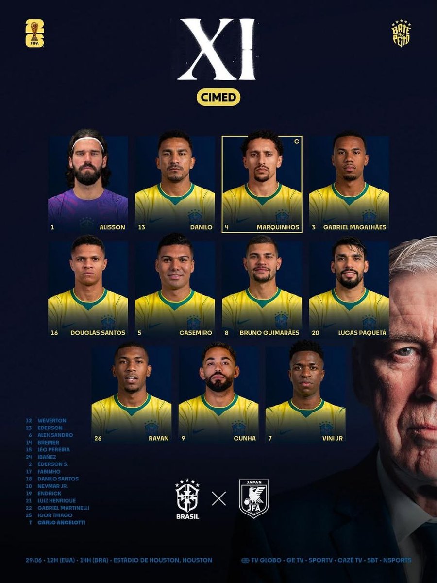 MundRealMadrid's tweet photo. #Casimiro y #Vinicius titulares con #Brazil de #CarloAncelotti ante #Japan https://t.co/EKpU0YcCSu