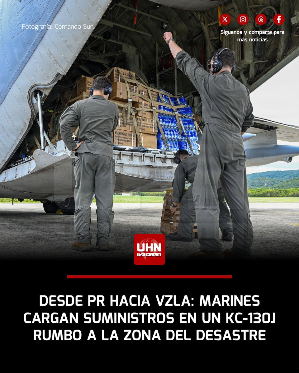 UHN_Plus's tweet photo. 🇺🇸🇵🇷🇻🇪‼️ | Marines de la Fuerza de Combate Litoral 24 cargan suministros de ayuda humanitaria en un KC-130J Super Hercules en el aeropuerto José Aponte De La Torre en Ceiba, Puerto Rico, con destino a Venezuela, bajo las órdenes de SOUTHCOM y en apoyo a la operación del Departamento de Estado.