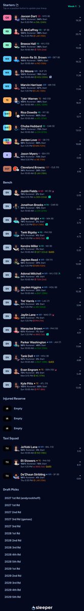 lefens's tweet photo. @TopDynastyTakes 12T SF TEP 1/2-ppr. Contender. Considering selling CMC for and RB2 + 27 1st. https://t.co/EjbtILPrFV