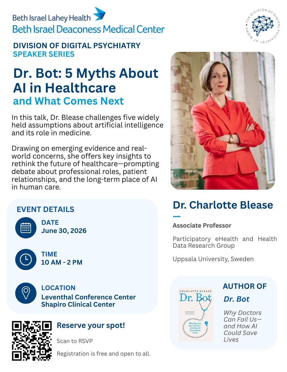 crblease's tweet photo. Come join me tomorrow at Beth Israel Deaconess Medical Center, Longwood, Boston for a talk on AI in Healthcare, sponsored by @JohnTorousMD and Digital Psychiatry @harvardmed. All welcome - details below https://t.co/VXs9FKtKxx
