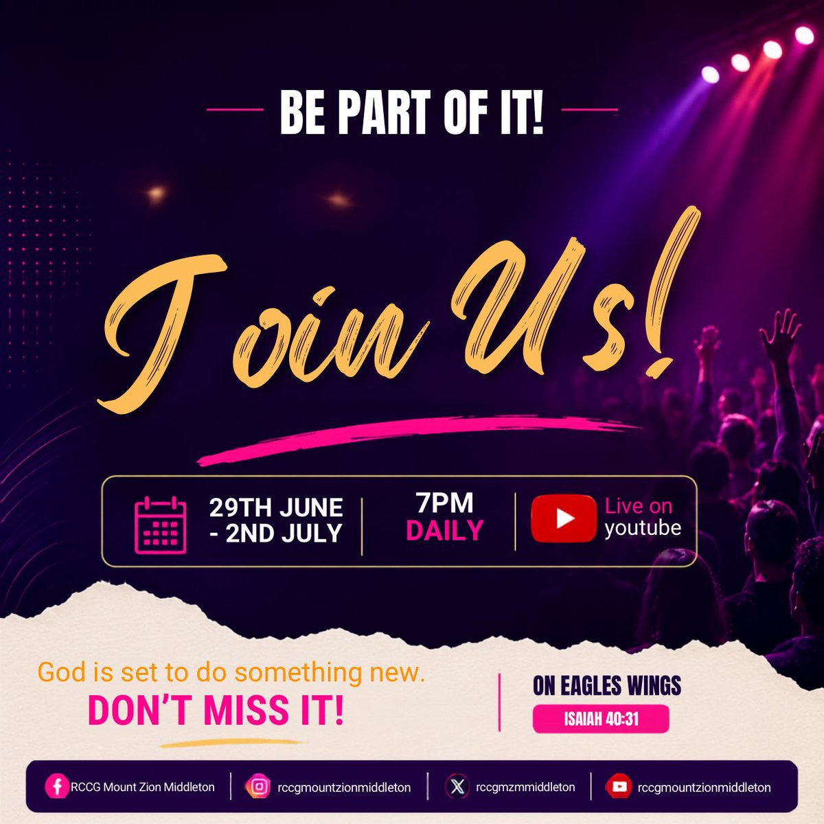 RCCGMZMiddleton's tweet photo. Why should you join us for our Mid-Year Crossover Service? 🦅✨

Because God is ready to renew your strength, give you fresh direction, and help you soar On Eagle’s Wings.

This is more than a service 

it’s a divine appointment. 

Don’t miss it! 🙏🏽

#MidYearCrossover #OnEaglesWings #RCCGMountZionMiddleton