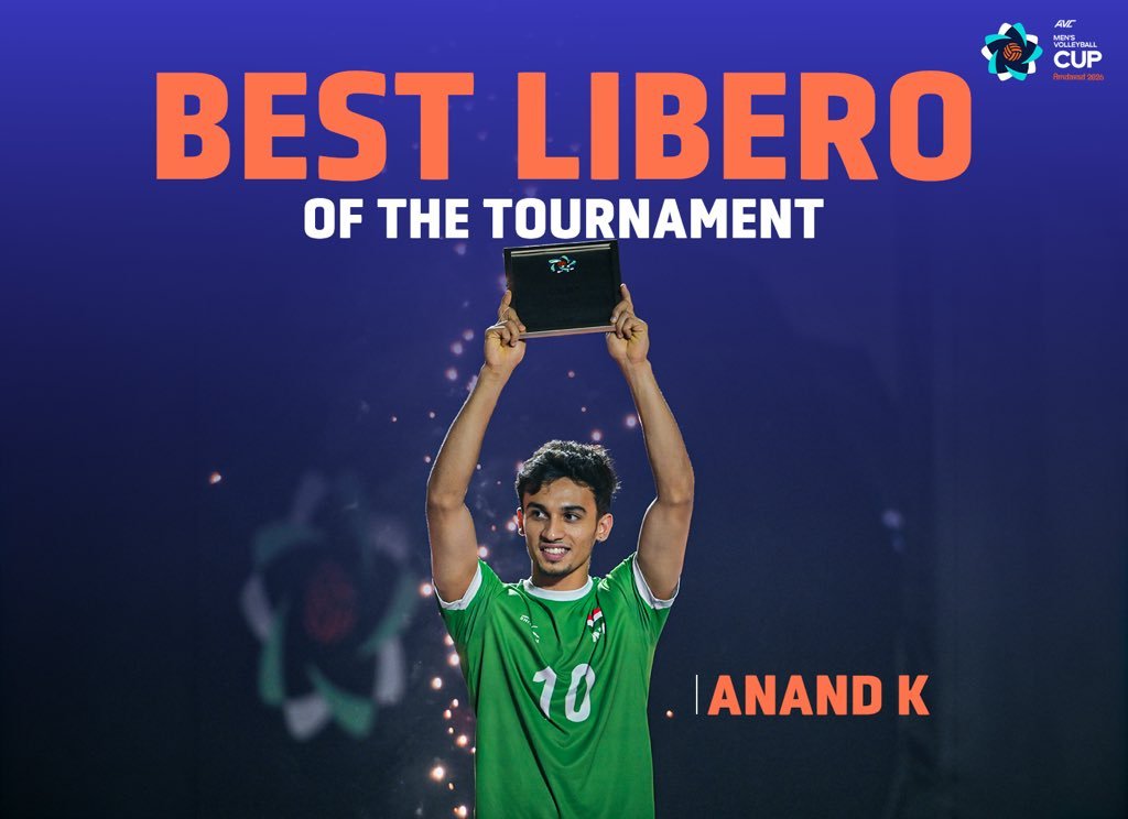 TheKhelIndia's tweet photo. India's Anand Kottarathil wins the Best Libero of Tournament in the AVC Men's Cup 2026 🇮🇳🏐

- Much Deserving!!!! 💙 https://t.co/sGk8Tcfdzn