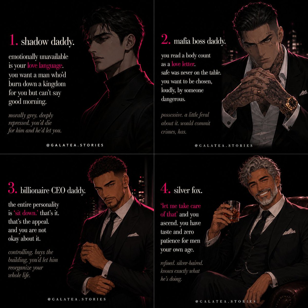 Inkitt's tweet photo. Pick your poison 💋 

Your dating preferences have entered the chat 👀 which daddy type has you in a chokehold? shadow daddy, mafia boss, billionaire CEO, or silver fox? 

drop your diagnosis below 👇

#SpicyRomance #RomanceBooks #BookTwitter #RomanceReaders #BookNerd #Galatea #RomanceAddict #SpicyBooks #BookBoysDaddy