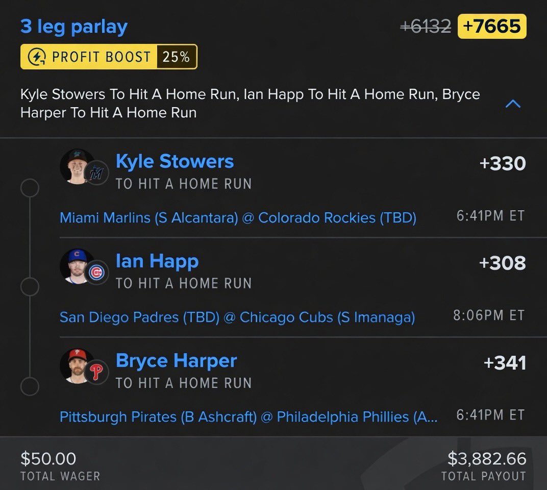 FcSlips's tweet photo. $50 ➡️ $3.8K 🫡
3 hitters. 3 bombs.🙏
Let’s cash this HR lotto 💰
@Playbook https://t.co/mQc9UCYyhG