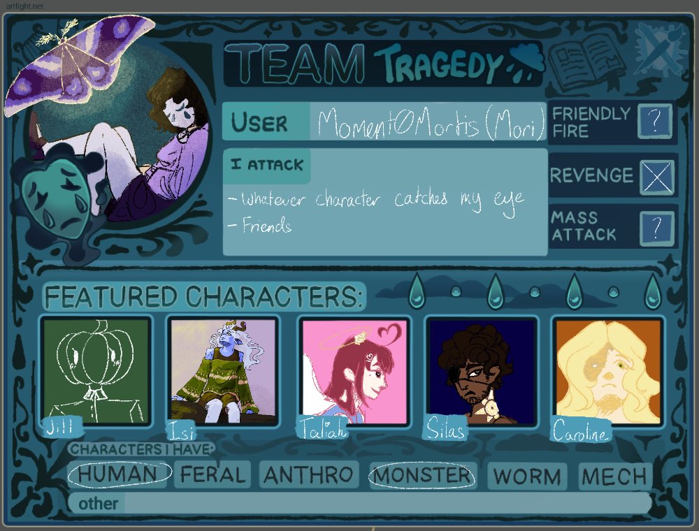 Momet0Mortis's tweet photo. Been so busy, but I finally finished the artfight team thing. I’m not super happy with it, but oh well 😭😭

#Artfight #Artfight2026 #TeamTragedy https://t.co/BaUqglpHOt