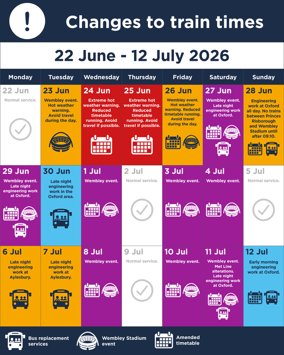 chilternrailway's tweet photo. On various dates throughout June and July there will be engineering works and Wembley events taking place. 

On these dates, an amended timetable will be in operation. Please check your journey before you travel - https://t.co/JW6pGGcpDf https://t.co/e86sph5YuG