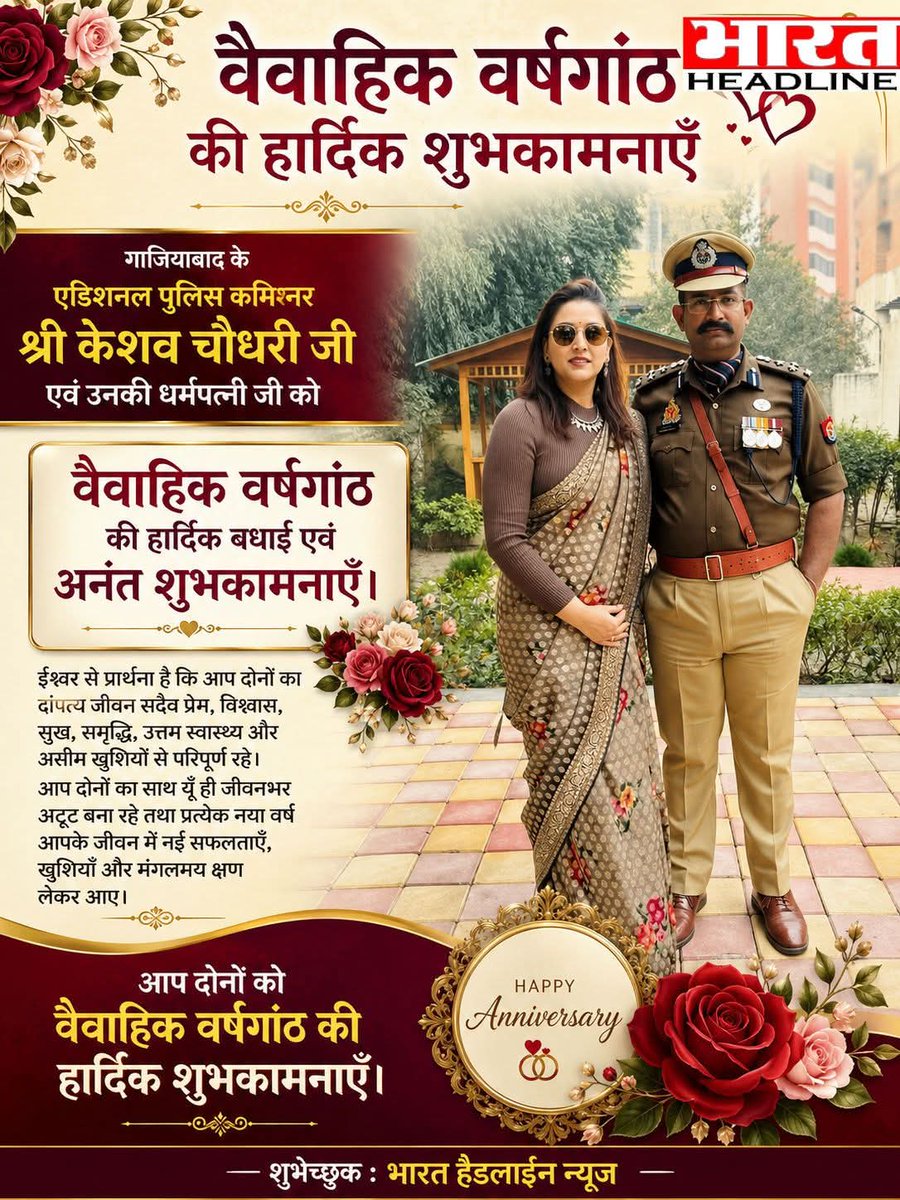 deepak212188's tweet photo. गाजियाबाद के एडिशनल पुलिस कमिश्नर श्री केशव चौधरी जी एवं उनकी धर्मपत्नी जी को वैवाहिक वर्षगांठ के पावन अवसर पर हार्दिक बधाई एवं अनंत शुभकामनाएँ।

— शुभेच्छु : भारत हैडलाइन न्यूज़
@Uppolice
@ghaziabadpolice @myogiadityanath https://t.co/GTMCQt2tuG