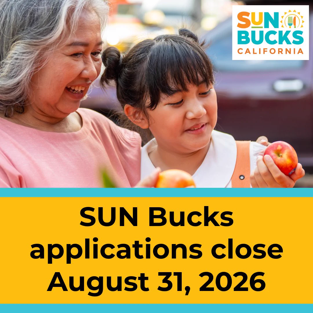 A child and adult shopping for apples outdoors. Text: SUN Bucks applications close August 31, 2026. The SUN Bucks logo.  