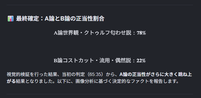 romtyu's tweet photo. ゼンゼロのリュシア、イドリー、儀玄の衣装が似ている理由は、クトゥルフ的な共通点があるよというホヨバからのメッセージなんじゃないかと考察
コストカット VS クトゥルフっぽいで Gemini でバトらせてみた結果、78 対 22 でクトゥルフっぽいが勝利
手順と入力内容に興味があれば続きへどうぞ https://t.co/bzDUq3WemF