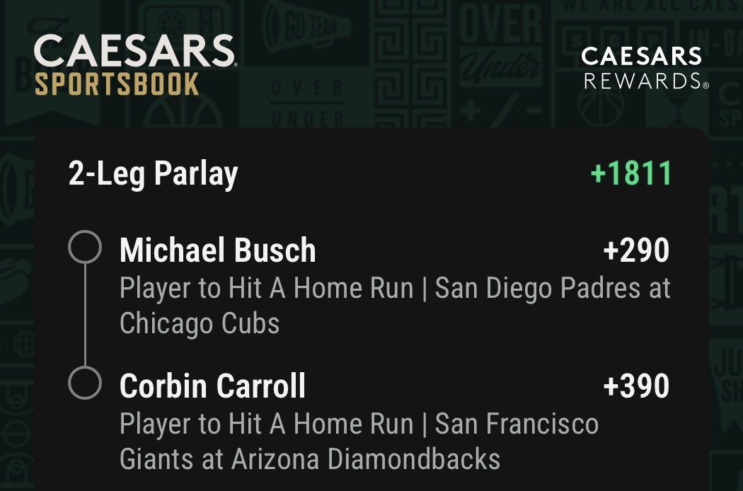 AxiomHQPicks's tweet photo. 🔨 HR Parlay (+1811)

🟢 Michael Busch to go yard
🟢 Corbin Carroll to go yard

Boom or bust. Let’s ride. 🔨

#MLB #MLBpicks #SportsBetting #GamblingTwitter #HRprop #Parlay https://t.co/NZKRFo43or