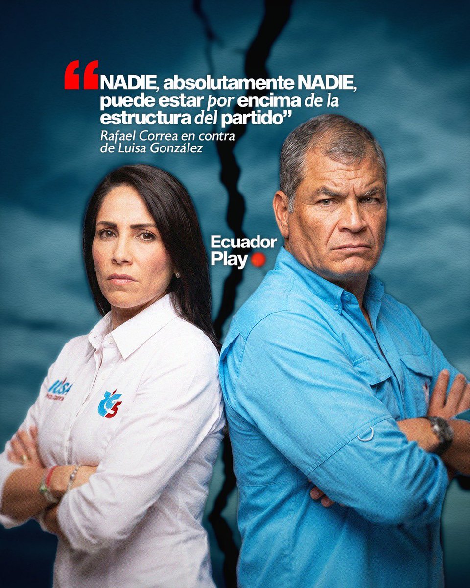 EcuadorPlay's tweet photo. 🚨 Se evidencian nuevas diferencias dentro de Revolución Ciudadana. Luego de que Luisa González solicitara la salida de Rafael Saltos como director provincial del movimiento en Manabí, por el manejo del proceso de candidaturas para las elecciones seccionales de 2026, Rafael Correa expresó públicamente su respaldo al dirigente.

💬 A través de su cuenta de X, el expresidente afirmó: "Todo mi respaldo y gratitud a Rafael Saltos", destacando que en apenas 13 días logró organizar las primarias "con seriedad y sin ningún interés propio". Además, añadió: "NADIE, absolutamente NADIE, puede estar por encima de la estructura del partido".

⚖️ El pronunciamiento llega después de que González cuestionara la conducción del proceso interno en Manabí y asegurara que ella tampoco conocía quiénes integrarían las listas de candidatos presentadas por el movimiento.