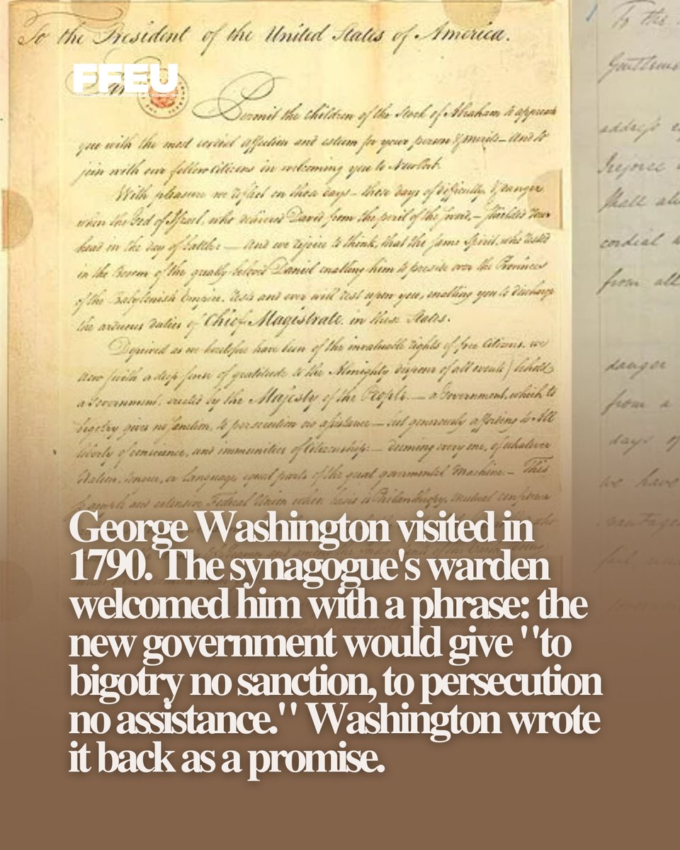 FFEUnyc's tweet photo. In 1790, George Washington wrote a letter to a synagogue.

The warden had welcomed him with a line: the new government would give "to bigotry no sanction, to persecution no assistance."

Washington wrote it back as a promise. The Bill of Rights was ratified four months later. https://t.co/oeekGNZMWV