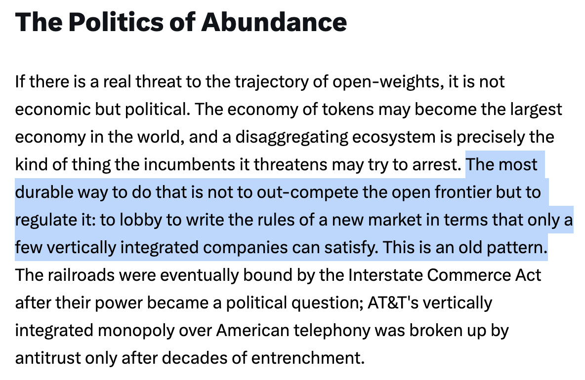 Beware: "The most durable way to do that is not to out-compete the open frontier but to regulate it"