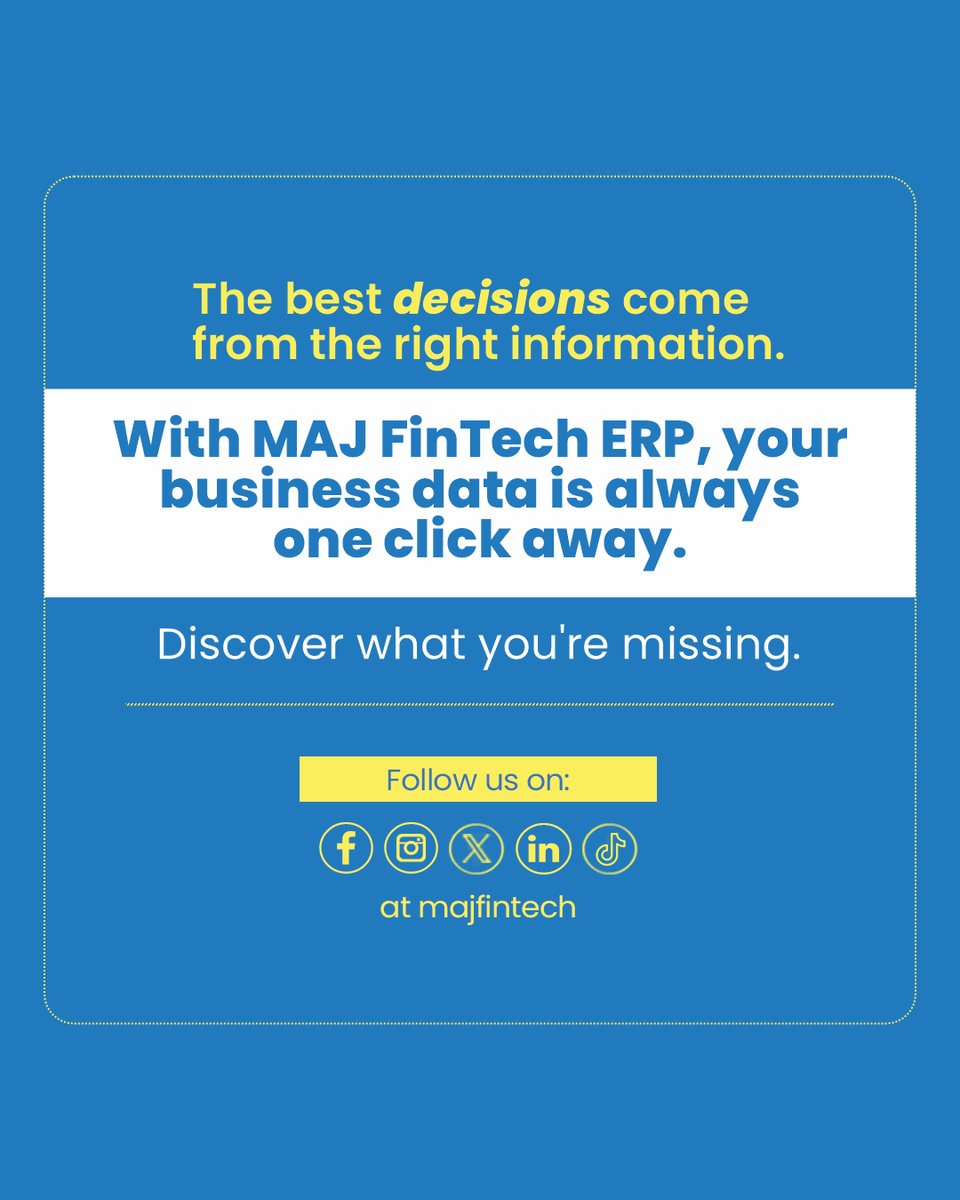 MajFintech's tweet photo. Make the best decision with the right information and start with MAJFintech today.

#MAJFintech #erpsolutions #businessowners #businessgrowth https://t.co/CPQVjnvDDQ