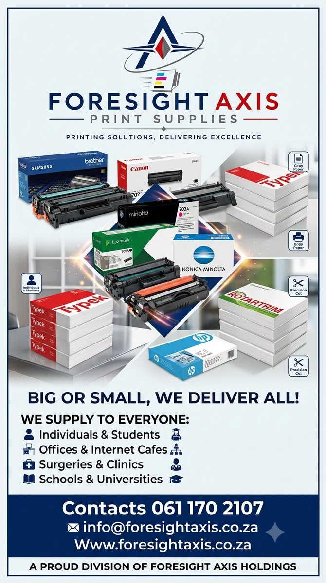 Foresightaxis's tweet photo. 🖨️ Never run out of ink, toner or paper again.

We supply genuine inks, toners and office paper for homes, schools, businesses and government departments.

📲 WhatsApp: 061 170 2107
📧 info@foresightaxis.co.za 
🌐 https://t.co/op2T1Cnsz0

#InkCartridges #Toner #OfficePaper #HP https://t.co/lXehKpo7Og