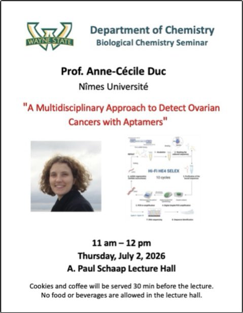 waynestatechem's tweet photo. Join us for a summer chemistry seminar with Professor Anne-Cécile Duc on Thursday, July 2, 11am. The talk title: “A Multidisciplinary Approach to Detect Ovarian Cancers with Aptamers.” #wsuchemistry #ChemBio https://t.co/4IaDJQ6ahV