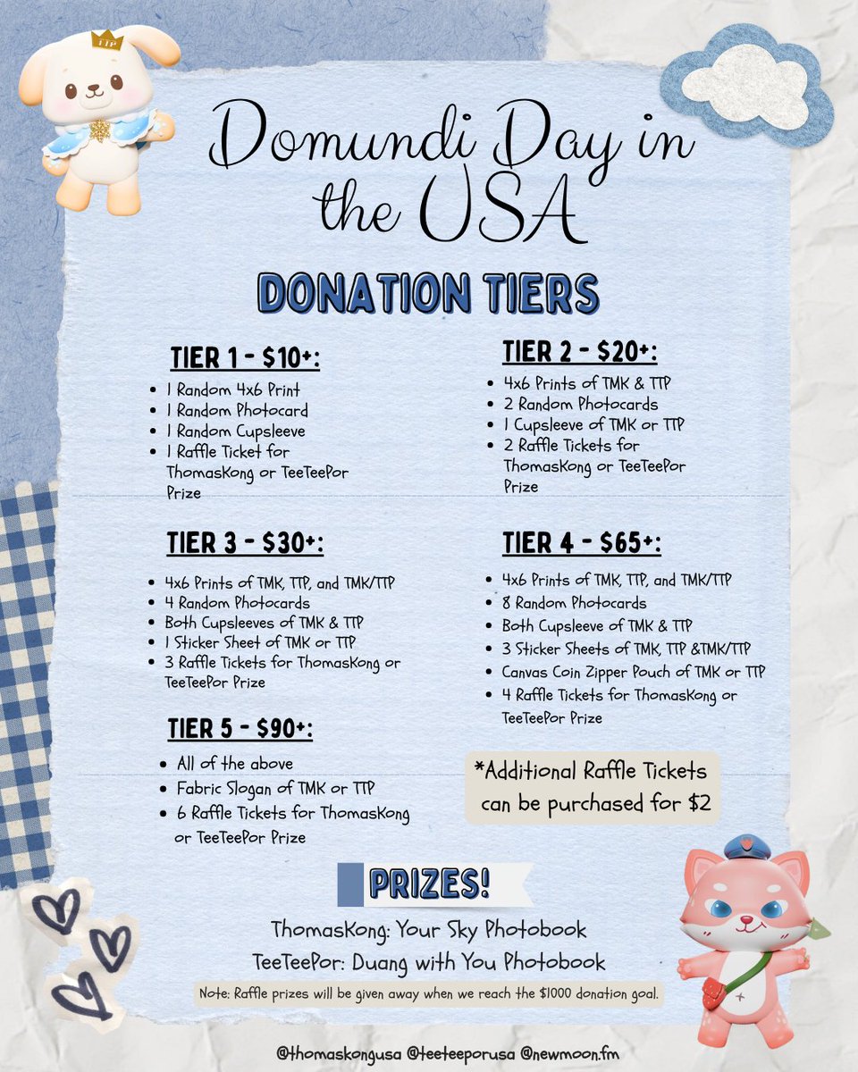 ThomasKongUSA's tweet photo. Donation Updates!

We are almost halfway to our goal! Thank you so much to everyone who has donated and supported our project so far. It truly means the world to us!

We are still accepting donations so that we can hopefully make all of our planned projects come to life! 

As just a reminder, we do still have the donation tiers set up for anyone who would like to donate. Each donation tier contains exclusive goodies and raffle entries for a special gift as a way to thank you all for your generosity! Please check out the images in the post for full details on each tier and the goodies that each include!  

Designs for the donation tier goodies and the fan support project banners will be revealed within the upcoming weeks!   

🎁Our raffle prizes include a Your Sky Photobook or a Duang with You Photobook! Additional raffle tickets can be purchased for $2 each. Raffle prizes will be awarded once we reach $1000 on our donation goal! 

Donation Form: https://t.co/f8jsnwqSWL
Pool: https://t.co/oy8WskLku1

We truly appreciate all the support we received so far and every contribution, no matter how small, greatly makes a difference! We hope we can make these projects come to life in order to help welcome ThomasKong and TeeTeePor to the states!  

Note: Everyone who has donated so far will be included to receive the donation tier items!  Please make sure you have filled out the donation form if you haven't done so already!  

Please DM or comment if you have any questions!
#ThomasKong #TeeTeePor #DomundiDayinUSA