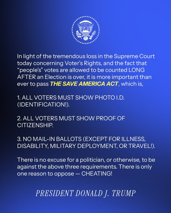ChillimLp's tweet photo. "It is more important than ever to pass THE SAVE AMERICA ACT" - President Donald J. Trump 🇺🇸 https://t.co/0WxugpnCHD