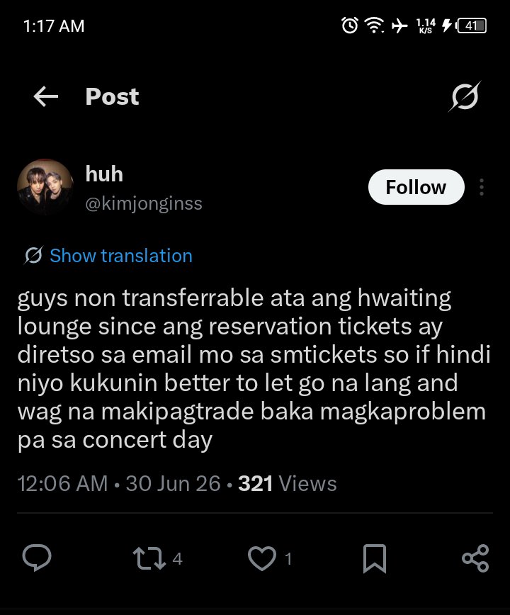 mhal_2697's tweet photo. @vinsoo_ baka po magkaproblem sa pagtrade ng tickets. may name po kasi sa ticket. not sure kung pwede na ang ibigay ay details nung makikipagtrade sayo, sa halip na details mo 🥹 https://t.co/3Smm9iZy0U