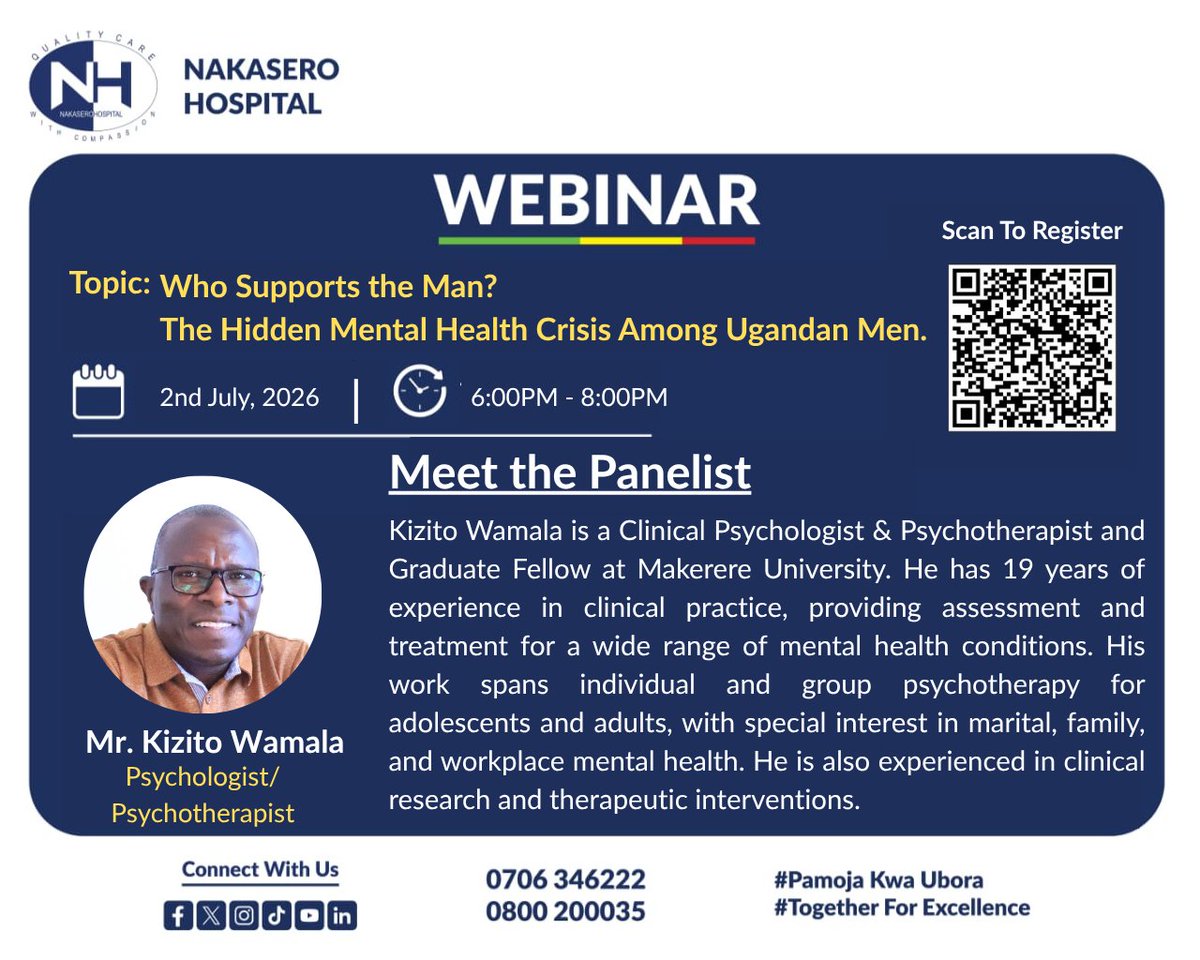 NakaseroHosp's tweet photo. #MeetThePanelist
Mr. Kizito Wamala, Clinical Psychologist & Psychotherapist.
Speaking on the emotional and social pressures affecting men’s mental wellbeing, the impact of unaddressed mental health challenges, and the importance of creating safe spaces for support and healing in line with the topic:
“Who supports the man? The hidden mental health crisis among Ugandan men.”
Join us by securing your spot here:
Register Now: https://t.co/1WomAf0EpG
#Webinar #PamojaKwaUbora #TogetherForExcellence #MentalHealthAwareness #MenMatter