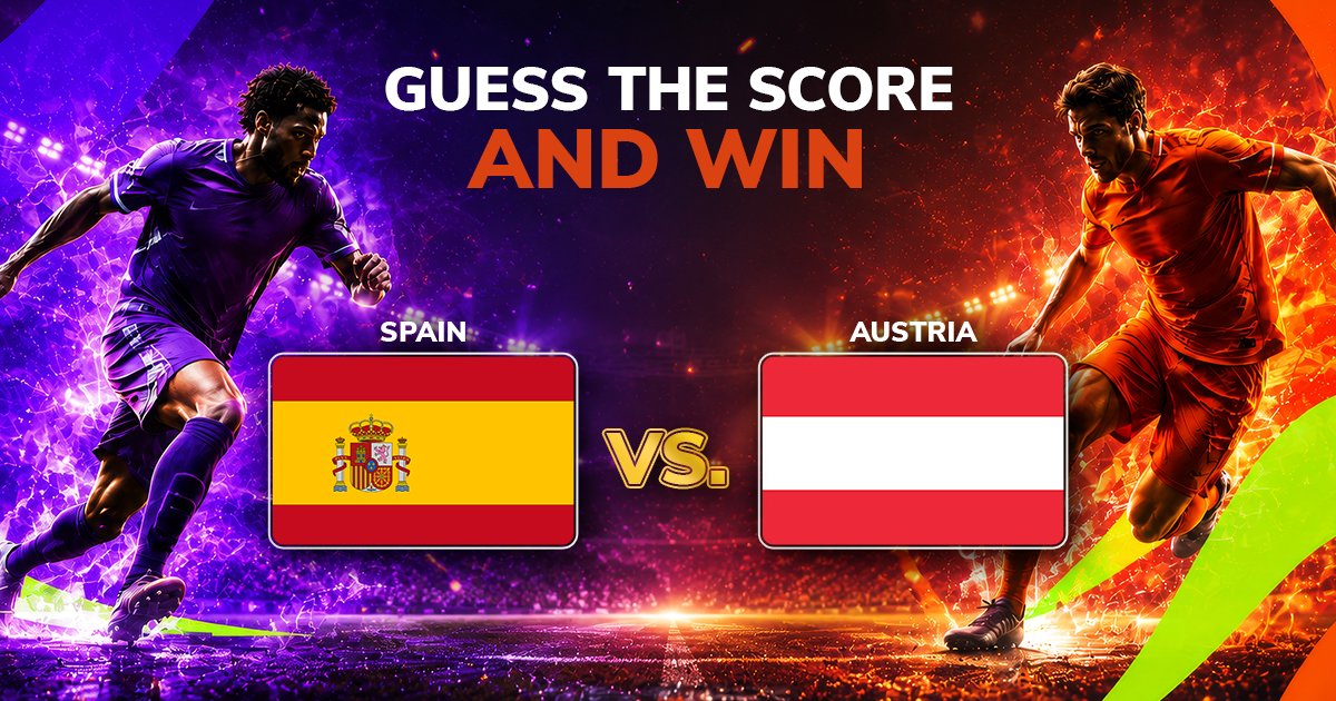 YUPLAY_COM's tweet photo. 🎉 GUESS THE SCORE GIVEAWAY! 🎉
🔥 SPAIN 🆚 AUSTRIA

Win a Game of Your Choice (up to 35€)

To enter:
 🔮 Comment your score prediction
 🔁 Retweet this tweet
 👣 Follow us

⏰Guesses must be submitted by 2nd of July 21:00 CET https://t.co/JMVPA3g0Je